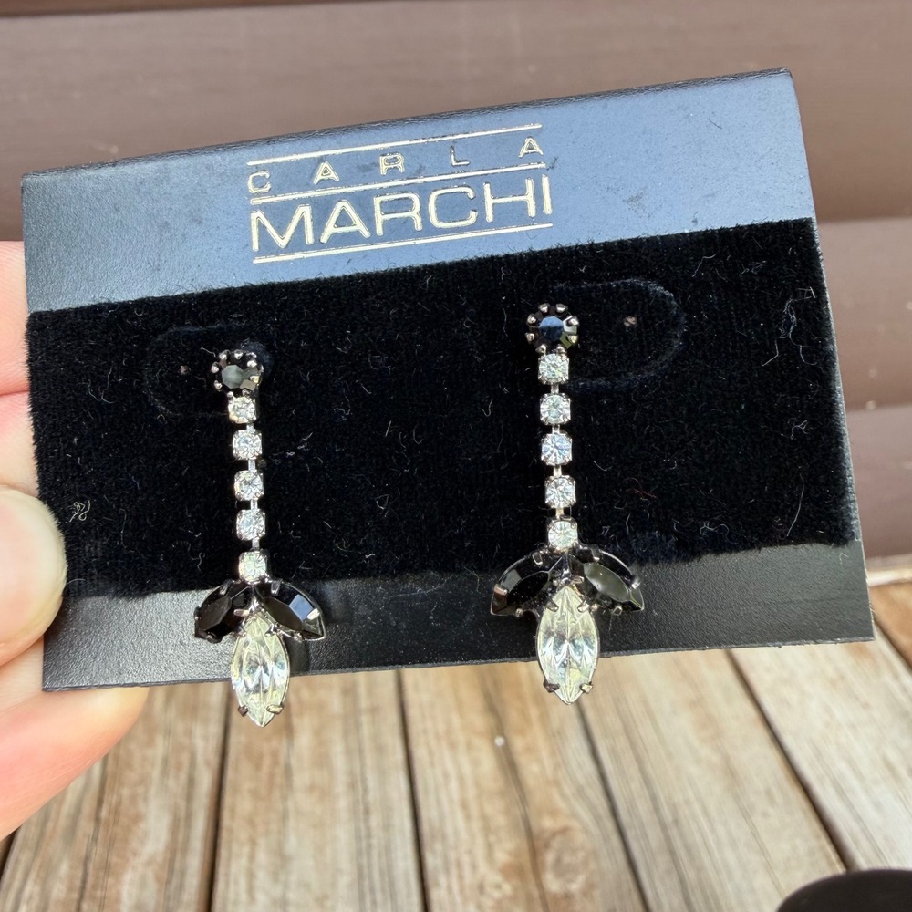 Vintage Carla Marchi Gunmetal & Rhinestone Marquise Drop Earrings (Deadstock)